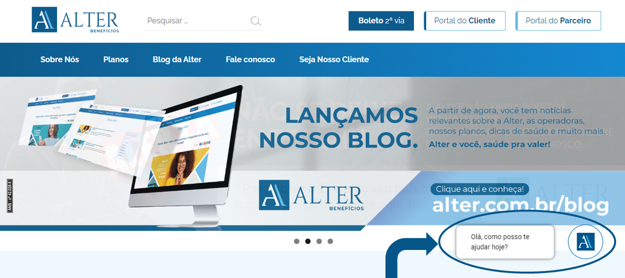 Alter Blog - Tela inicial do site da Alter mostrando onde está localizado o chatbot: lado direito do canto inferior